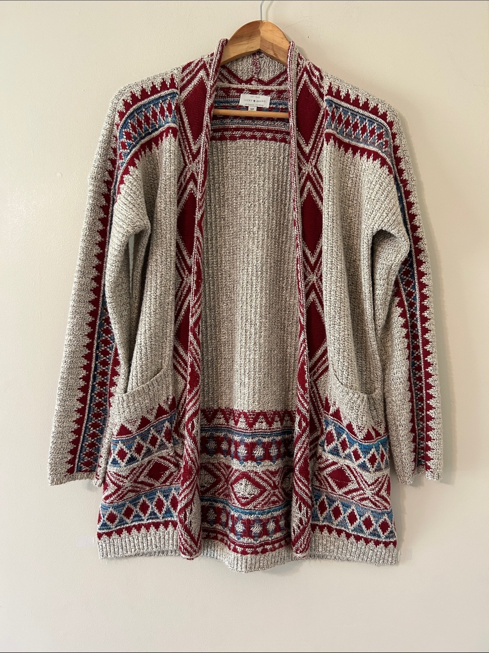 Lucky Brand Aztec Longline Cardigan Sweater Small Cotton Blend Bobo Western